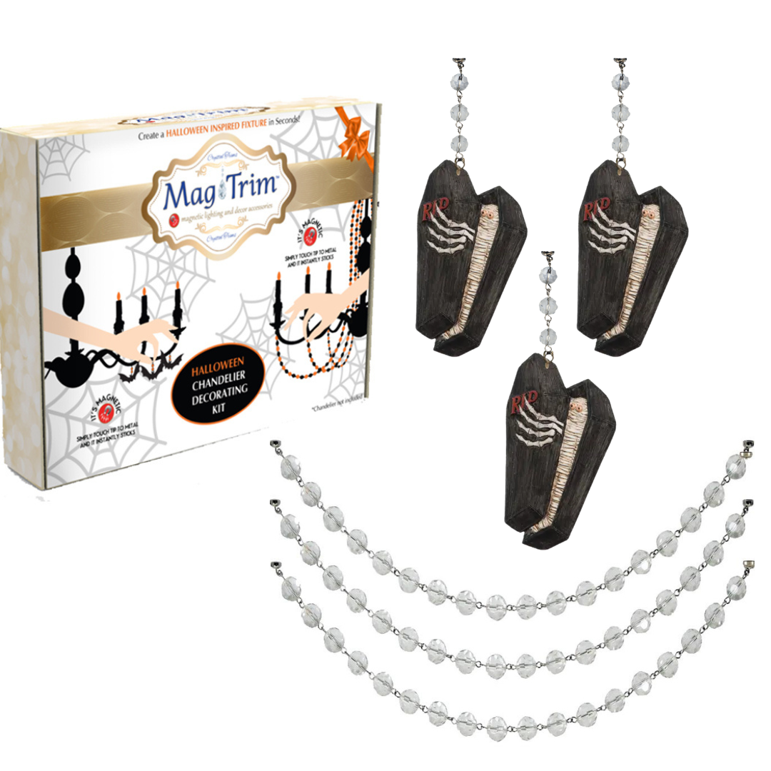 HALLOWEEN CHANDELIER MAKEOVER KIT - (3) Glitter Coffin + (3) 12" Clear Crystal Bead Garland