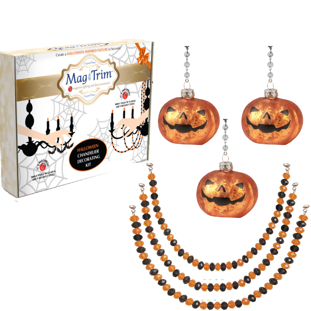 HALLOWEEN CHANDELIER MAKEOVER KIT - (3) Glass Pumpkin w/Face + (3) 12" Black/Orange Crystal Bead Garland