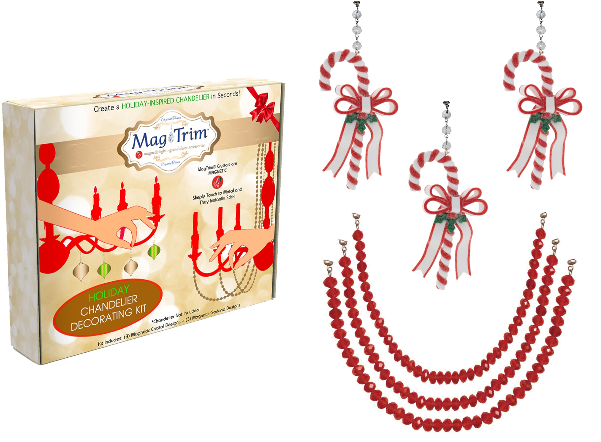 HOLIDAY CHANDELIER MAKEOVER KIT - (3) Candy Cane + (3) 12" Red Crystal Garland