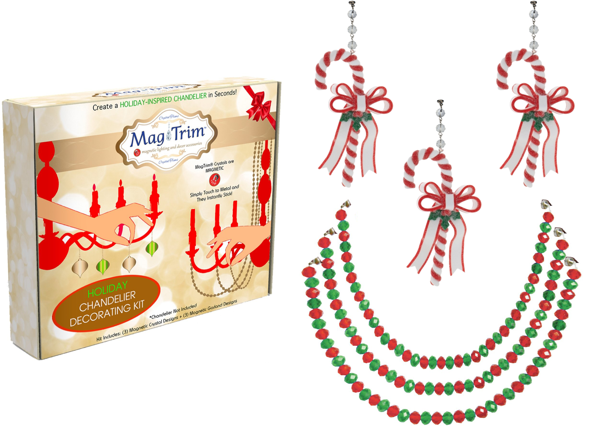 HOLIDAY CHANDELIER MAKEOVER KIT - (3) Candy Cane + (3) 12" Red/Green Crystal Garland