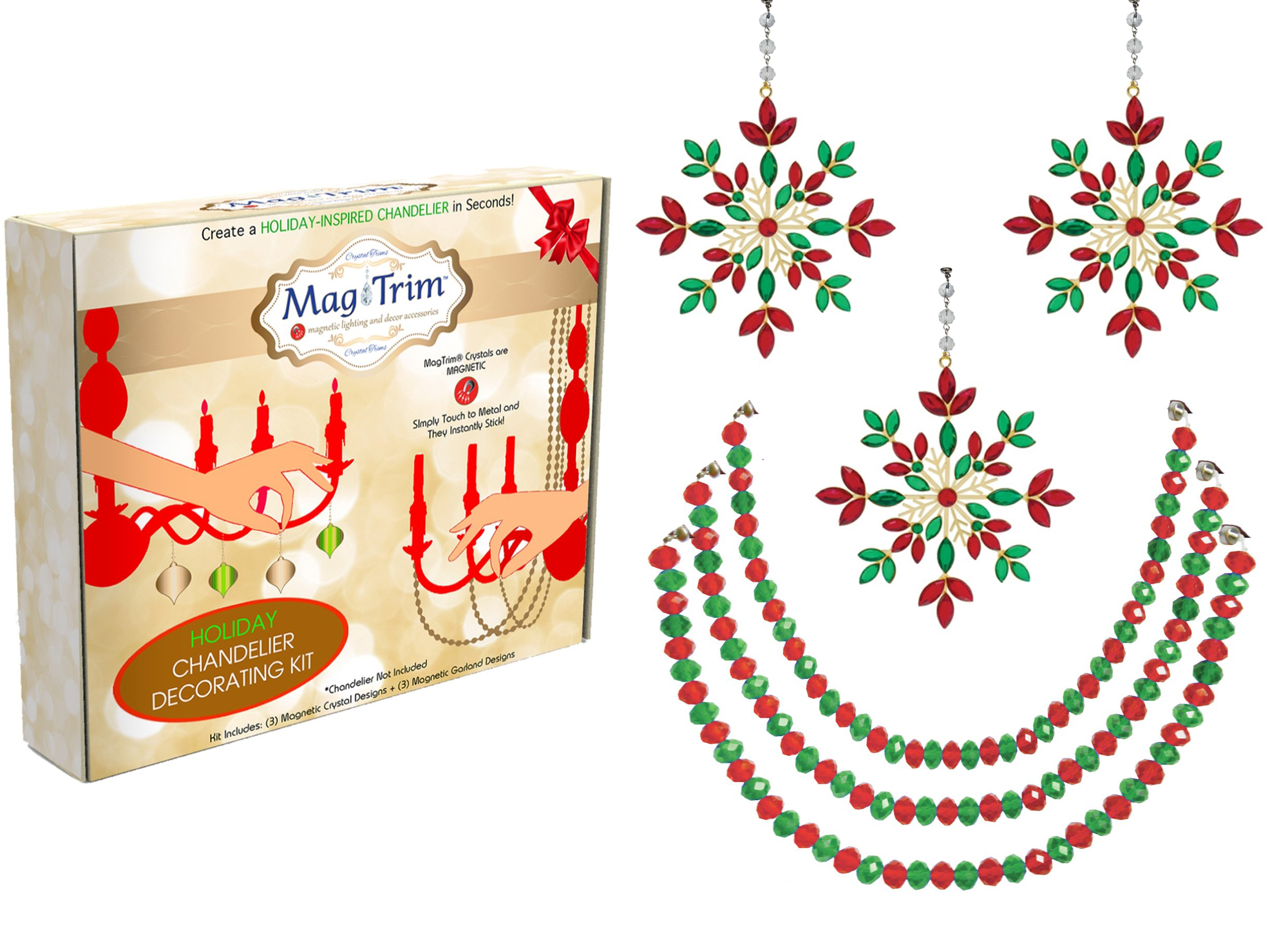 HOLIDAY CHANDELIER MAKEOVER KIT - (3) Red Green Jeweled Metal Snowflake + (3) 12" Red/Green Bead Crystal Garland