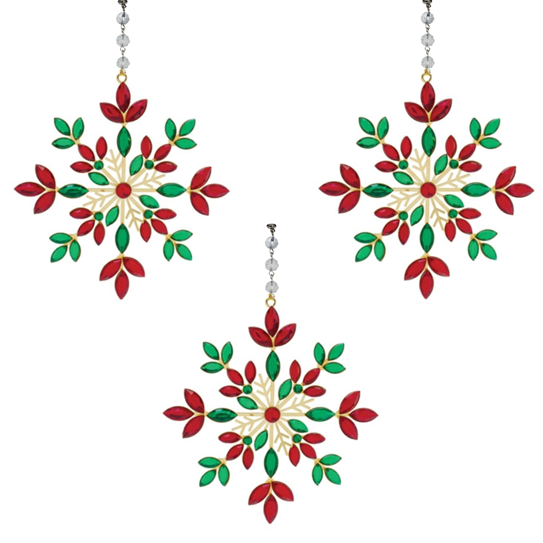 RED+GREEN JEWELED METAL SNOWFLAKE (Set/1) or (Set/3) MAGNETIC CHANDELIER ACCESSORY
