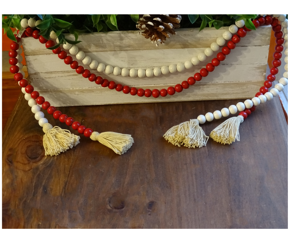 WHITE (SMALL BEAD) 24" WOOD BEAD GARLAND w/ JUTE TASSELS (Set/1)
