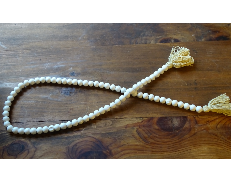 WHITE (SMALL BEAD) 24" WOOD BEAD GARLAND w/ JUTE TASSELS (Set/1)