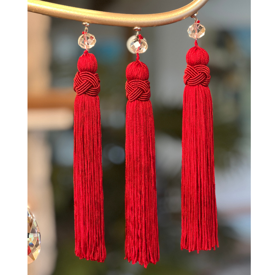 6.5" RED CRYSTAL BEAD TASSEL (Set/3) MAGNETIC CHANDELIER ORNAMENT - Magnetic Chandelier Accessory TrimKit®