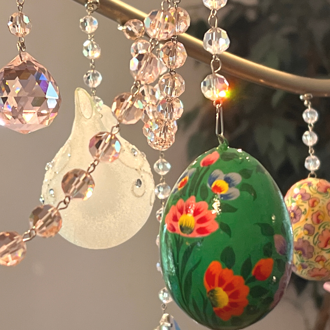 SPRING CHANDELIER MAKEOVER KIT - (3) Green Floral Egg + (3) 12" Pink Crystal Garland (Set/6)