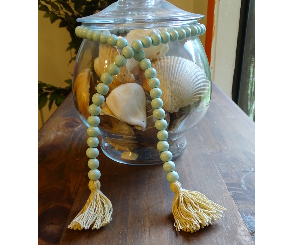 LIGHT BLUE (SMALL BEAD) 24" WOOD BEAD GARLAND w/ JUTE TASSELS (Set/1)