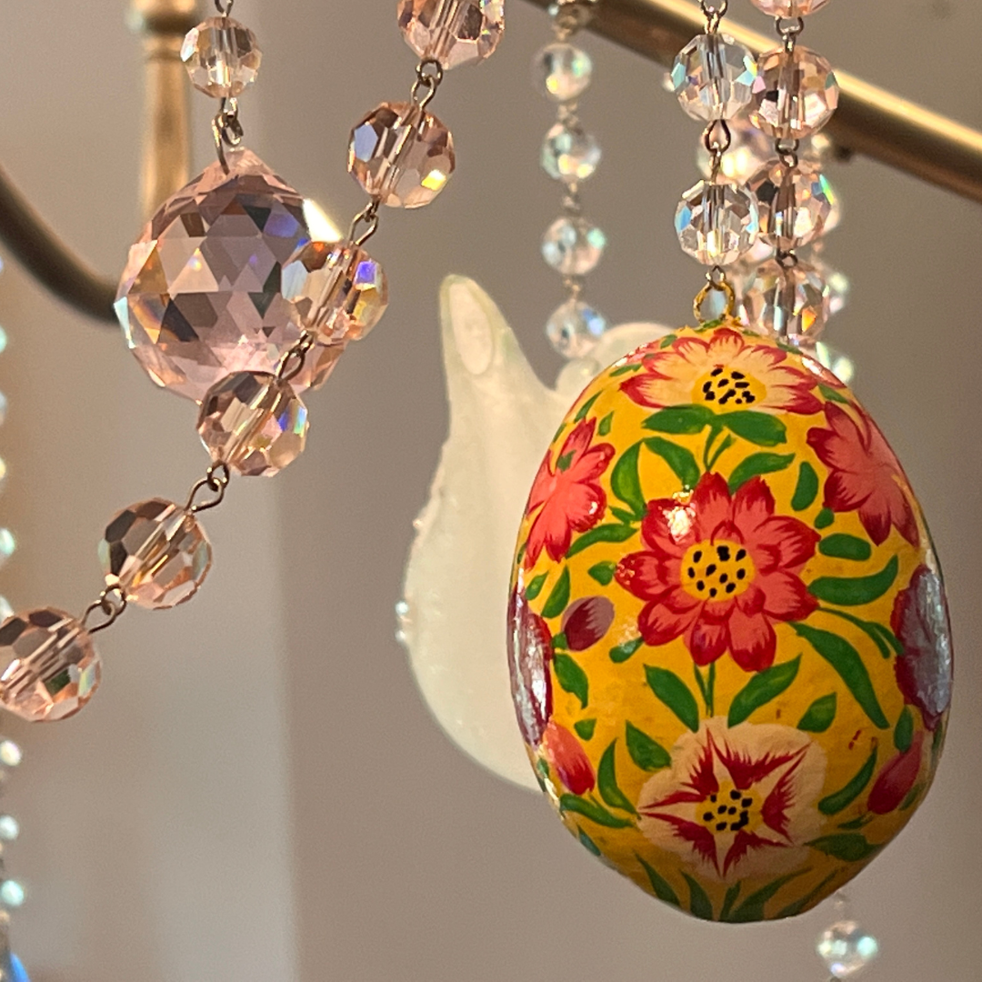 SPRING CHANDELIER MAKEOVER KIT - (3) Yellow Floral Egg + (3) 12" Pink Crystal Garland (Set/6)