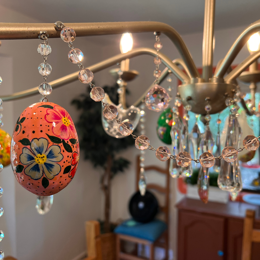 SPRING CHANDELIER MAKEOVER KIT - (3) Pink Floral Egg + (3) 12" Pink Crystal Garland (Set/6)