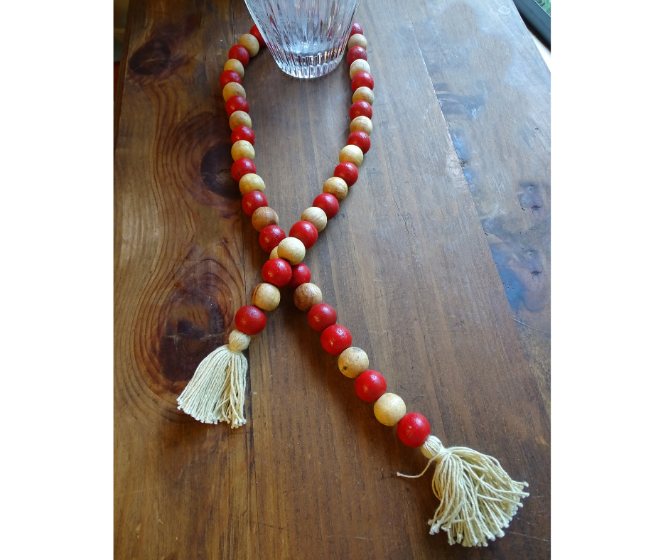 NATURAL BEIGE + RED (LARGE BEAD) 24" WOOD BEAD GARLAND w/ JUTE TASSELS (Set/1)