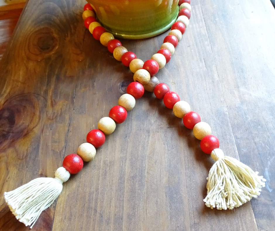 NATURAL BEIGE + RED (LARGE BEAD) 24" WOOD BEAD GARLAND w/ JUTE TASSELS (Set/1)