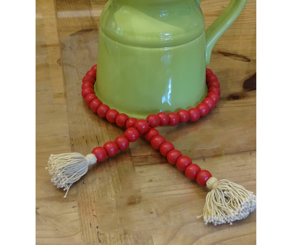 RED (LARGE BEAD) 24" WOOD BEAD GARLAND w/ JUTE TASSELS (Set/1)