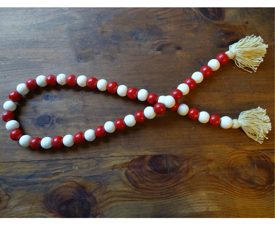 RED + WHITE (LARGE BEAD) 24" WOOD BEAD GARLAND w/ JUTE TASSELS (Set/1)