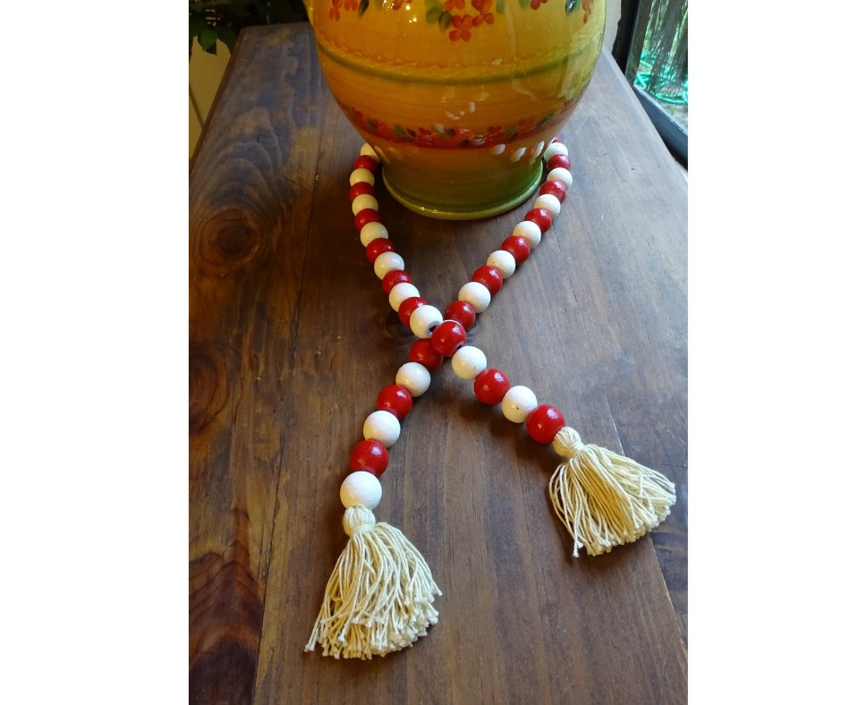 RED + WHITE (LARGE BEAD) 24" WOOD BEAD GARLAND w/ JUTE TASSELS (Set/1)