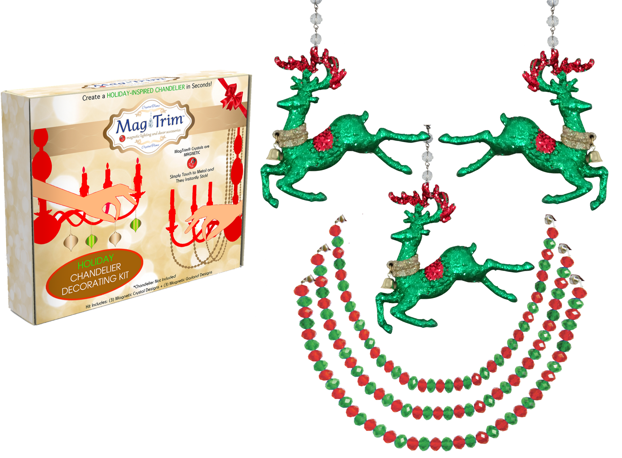 HOLIDAY CHANDELIER MAKEOVER KIT - (3) Green Reindeer + (3) 12" Red/Green Bead Crystal Garland