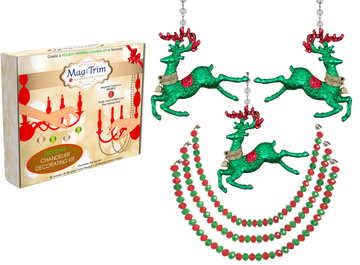 HOLIDAY CHANDELIER MAKEOVER KIT - (3) Green Reindeer + (3) 12" Red/Green Bead Crystal Garland