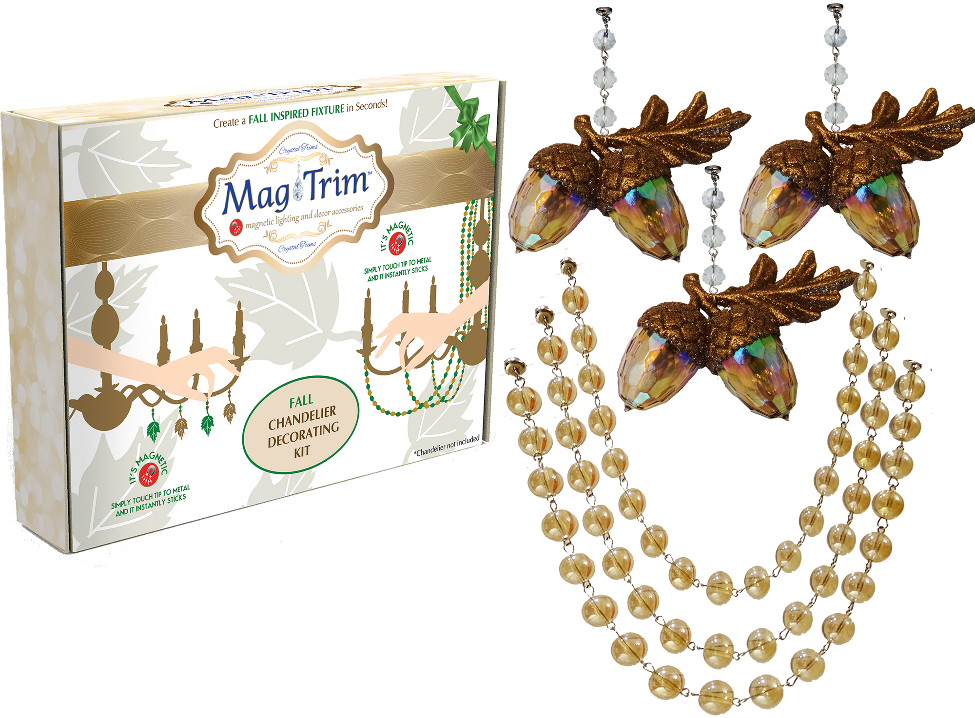 FALL CHANDELIER MAKEOVER KIT - GLITTER ACORN + 12" CHAMPAGNE CRYSTAL BEAD GARLAND