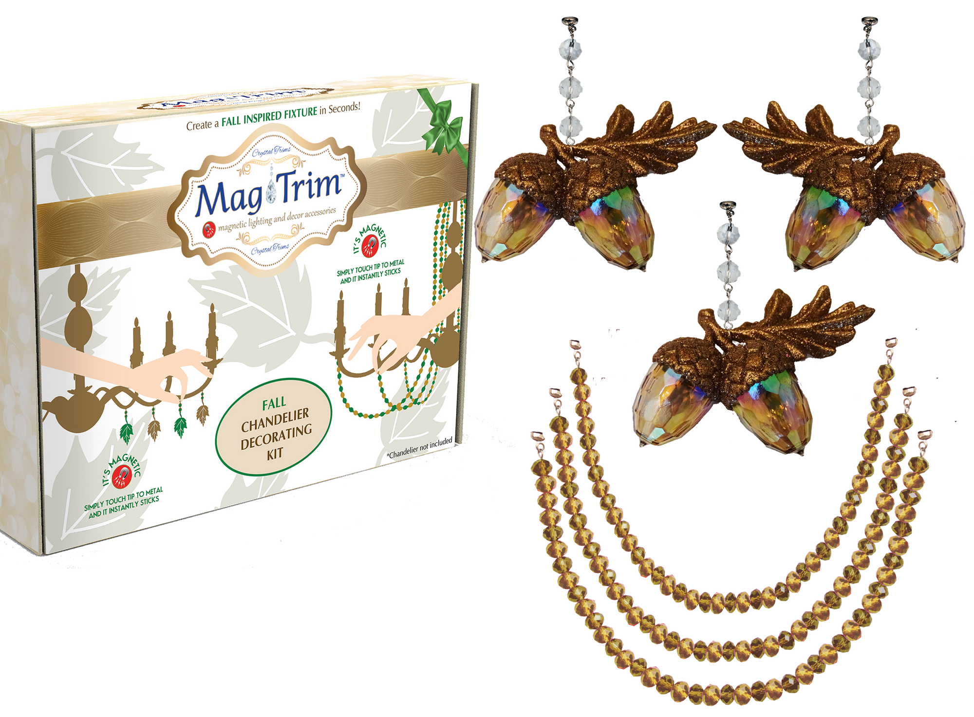 FALL CHANDELIER MAKEOVER KIT - GLITTER ACORN + 12" GOLD CRYSTAL BEAD GARLAND