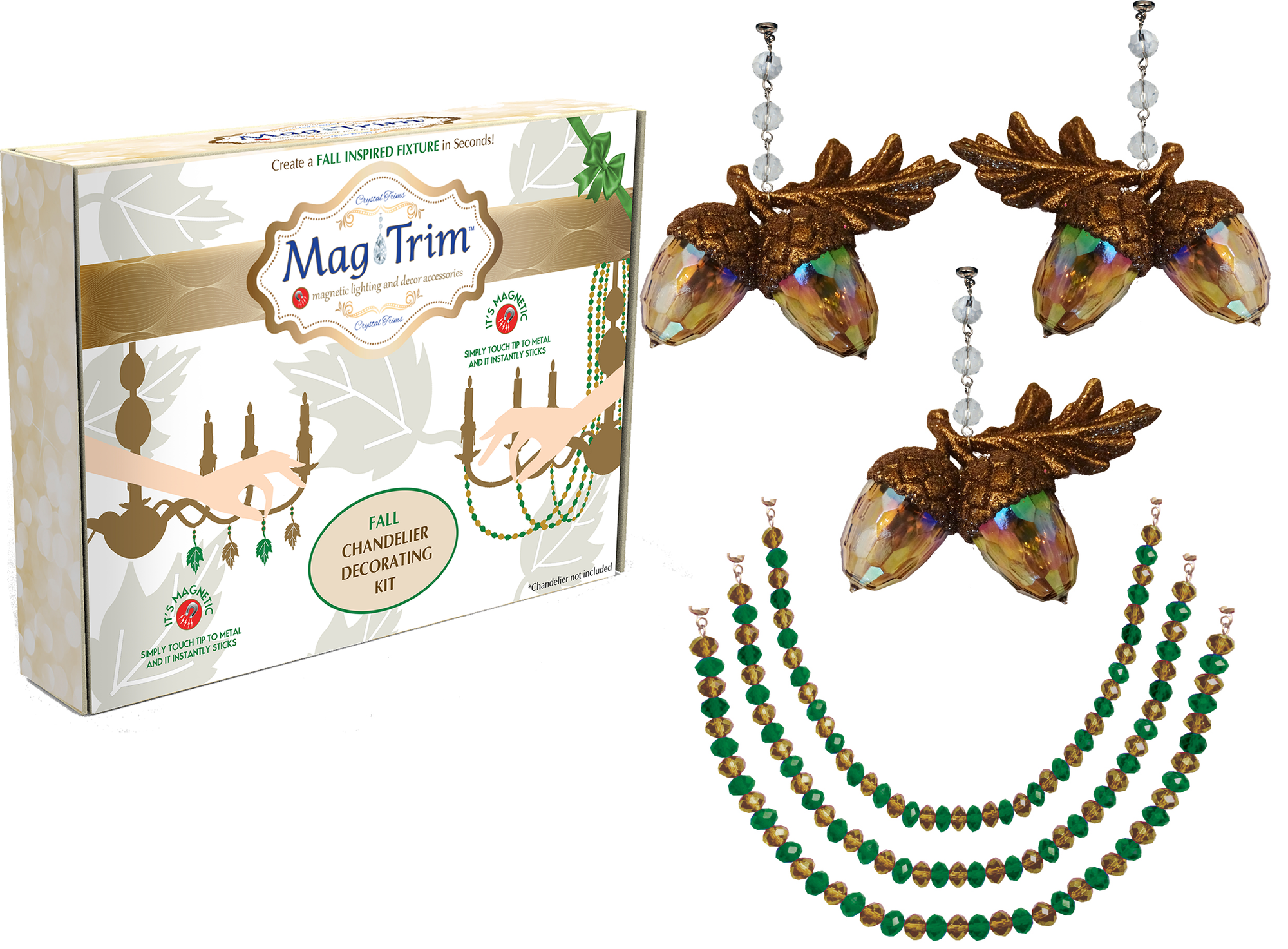 FALL CHANDELIER MAKEOVER KIT - GLITTER ACORN + 12" GREEN/GOLD CRYSTAL BEAD GARLAND