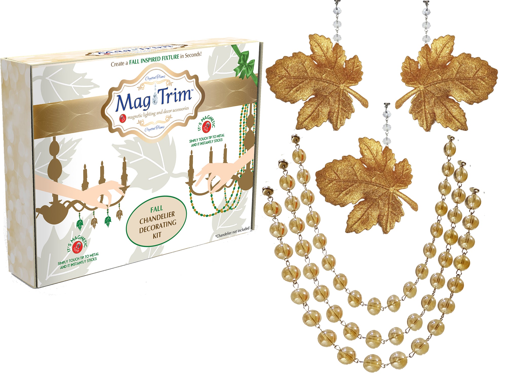 FALL CHANDELIER MAKEOVER KIT - GLITTER GOLD LEAF + 12" CHAMPAGNE CRYSTAL BEAD GARLAND