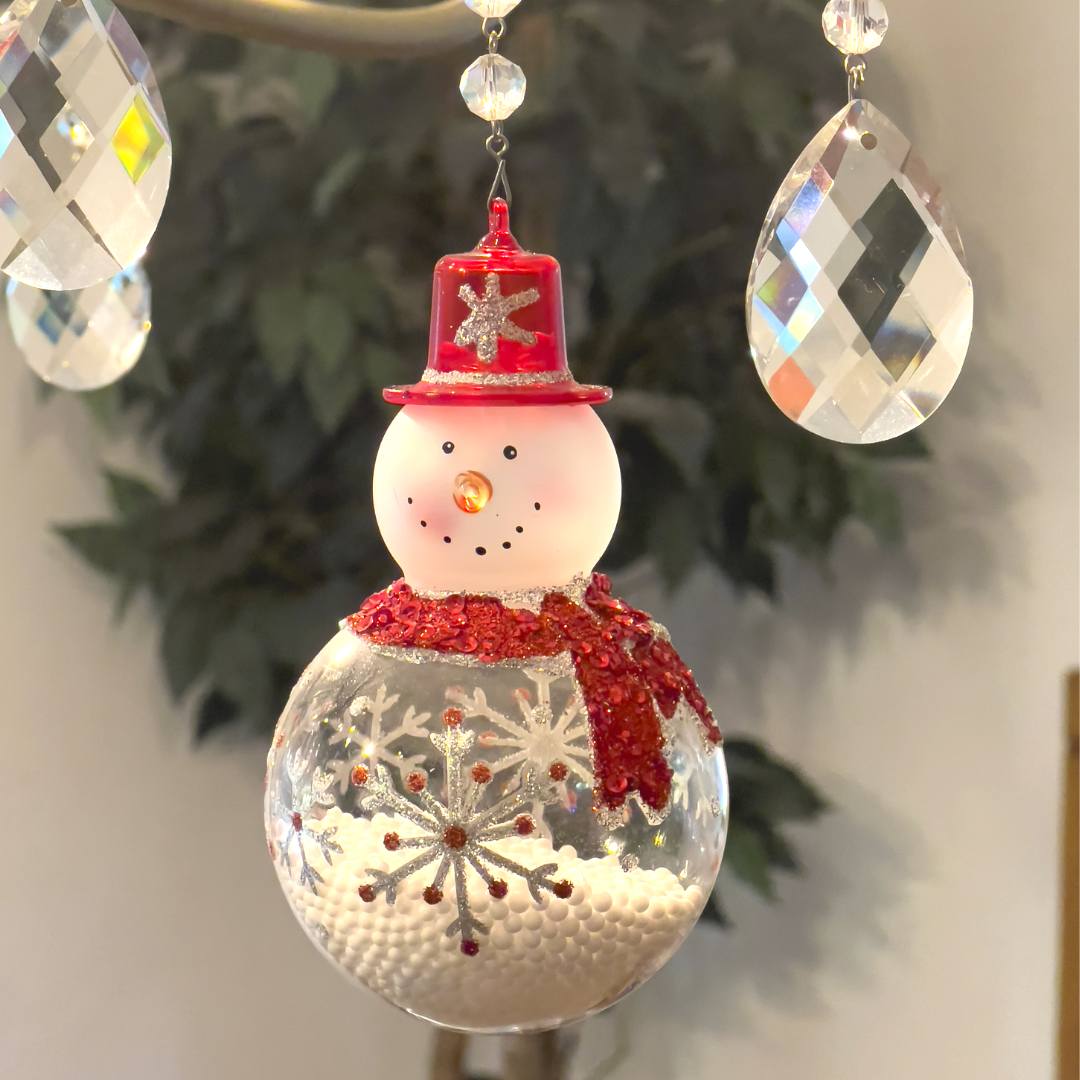 HOLIDAY CHANDELIER MAKEOVER KIT - (3) Glass Snowman + (3) 12" Red/White Crystal Garland