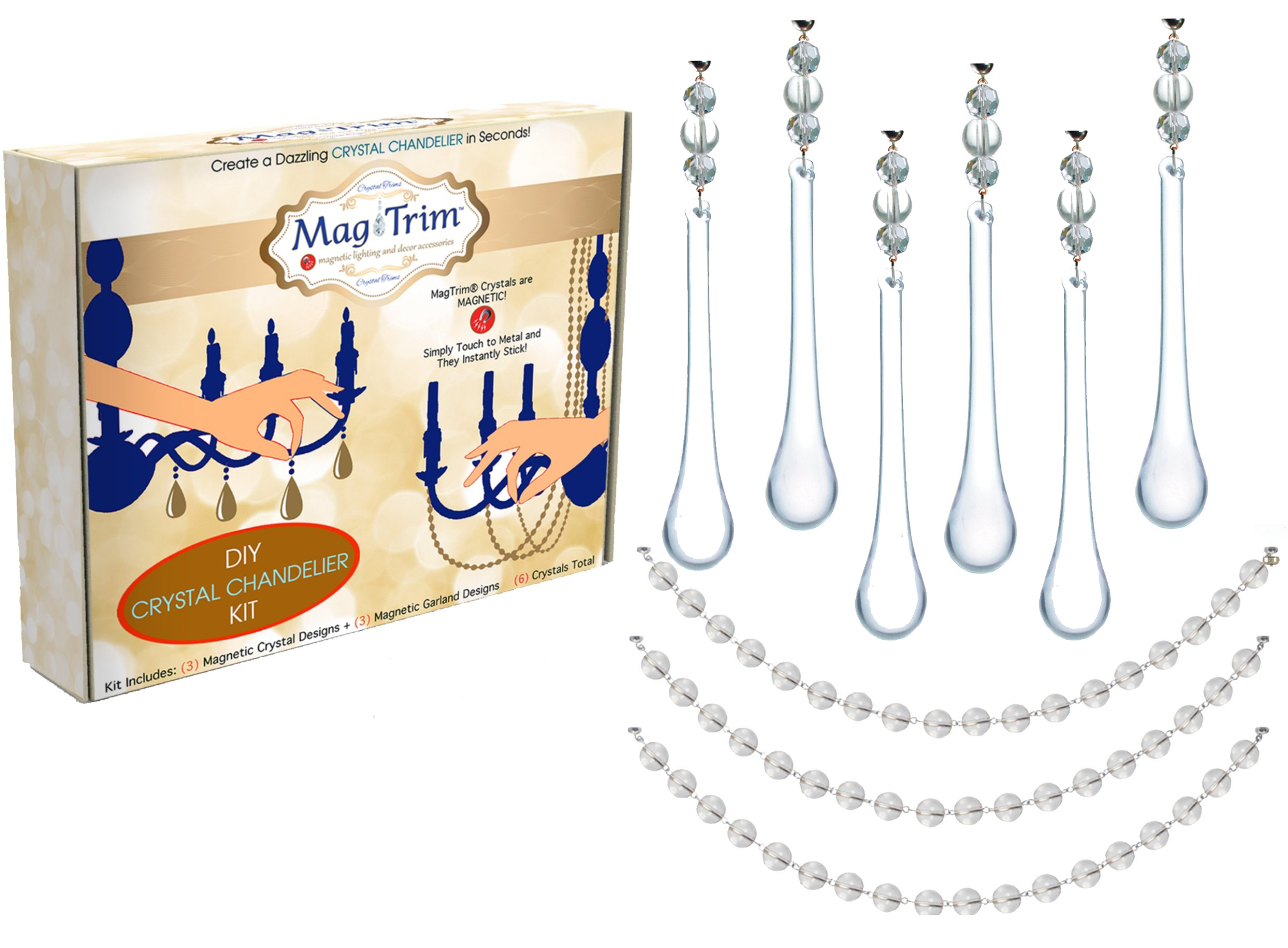 COMPLETE CHANDELIER MAKEOVER KIT - 4" Clear Tear Drop - Magnetic Chandelier Crystals (9 Piece Kit)
