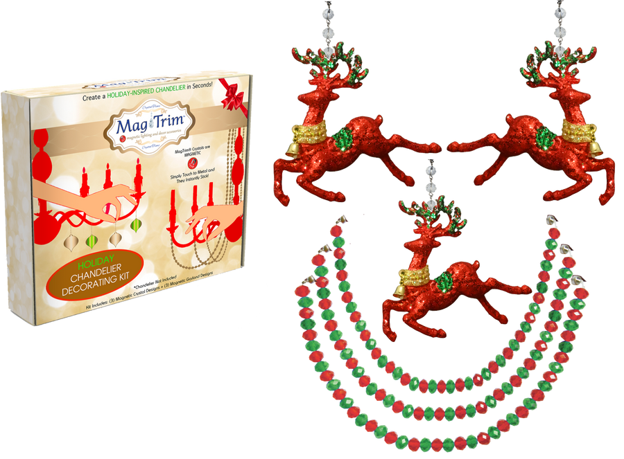 HOLIDAY CHANDELIER MAKEOVER KIT - (3) Red Reindeer + (3) 12" Red/Green Bead Crystal Garland