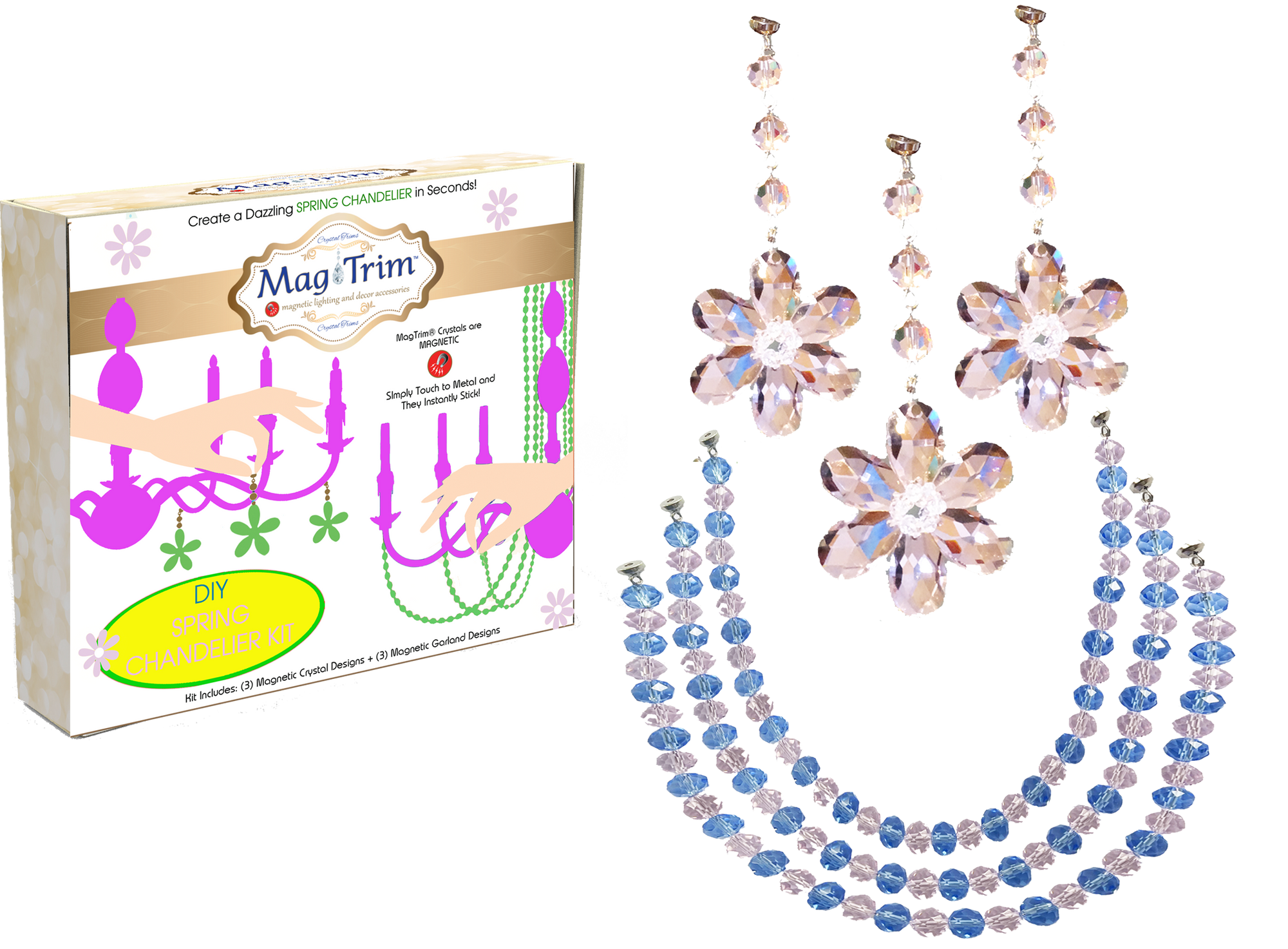 SPRING CHANDELIER MAKEOVER KIT - (3) Pink Crystal Daisy + (3) 12" Pink/Lavender Garland (Set/6)