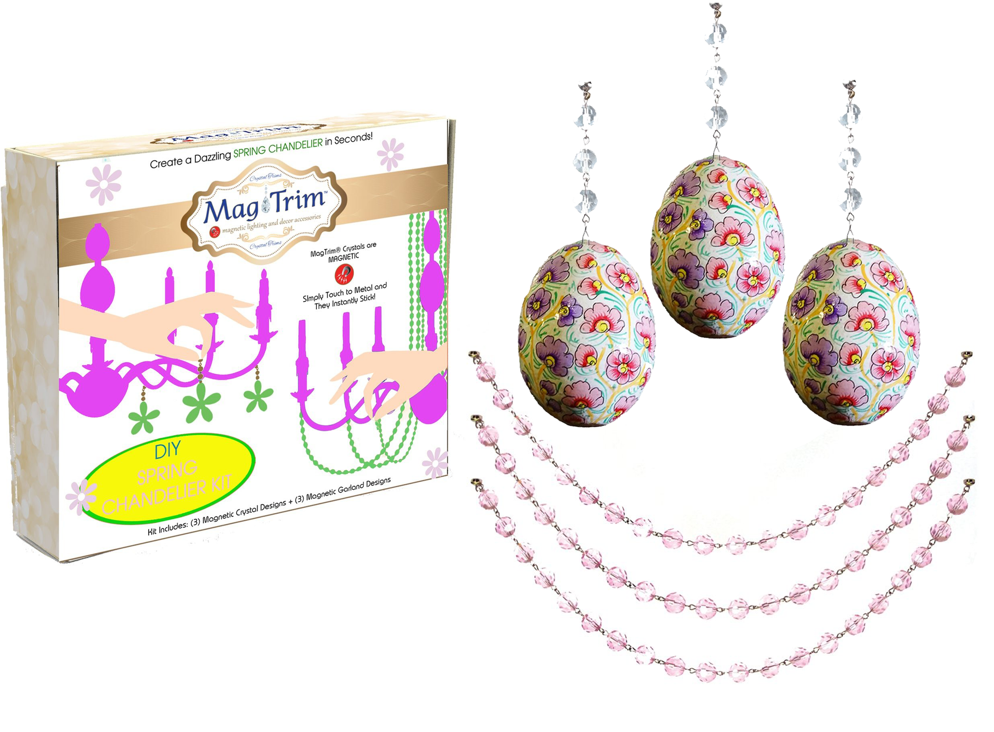 SPRING CHANDELIER MAKEOVER KIT - (3) Pink/Purple/Yellow Floral Egg + (3) 12" Pink Crystal Garland (Set/6)