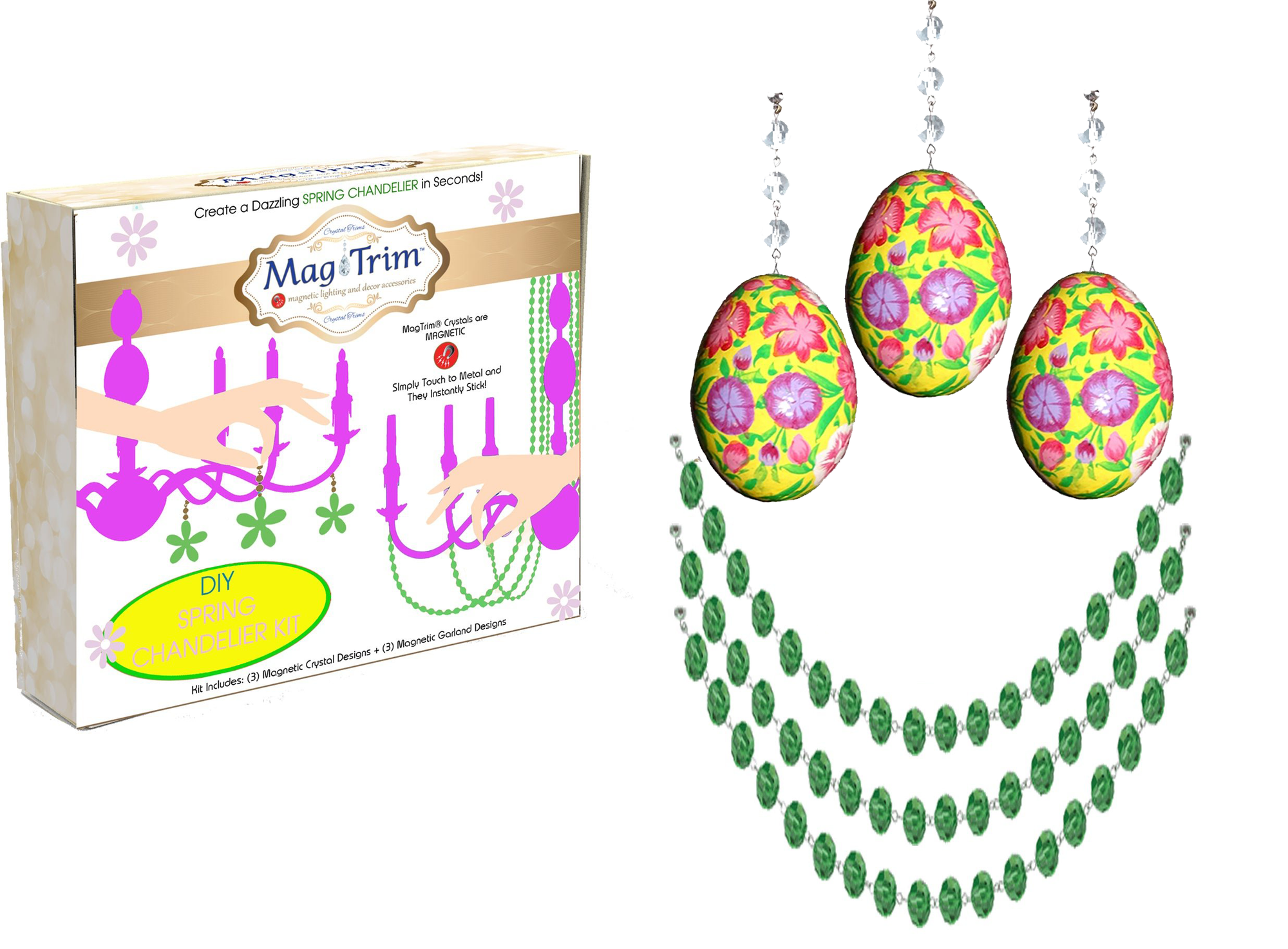 SPRING CHANDELIER MAKEOVER KIT - (3) Yellow Floral Egg + (3) 12" Green Crystal Garland (Set/6)