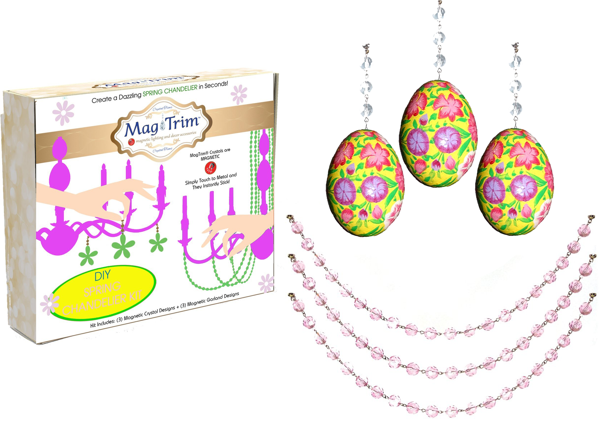 SPRING CHANDELIER MAKEOVER KIT - (3) Yellow Floral Egg + (3) 12" Pink Crystal Garland (Set/6)