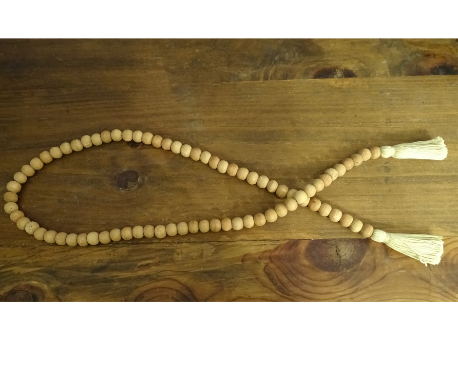 NATURAL BEIGE (SMALL BEAD) 24" WOOD BEAD GARLAND w/ JUTE TASSELS (Set/1)