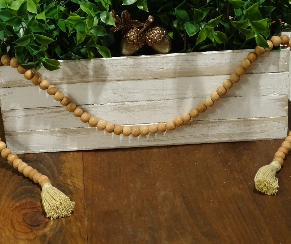 NATURAL BEIGE (SMALL BEAD) 24" WOOD BEAD GARLAND w/ JUTE TASSELS (Set/1)
