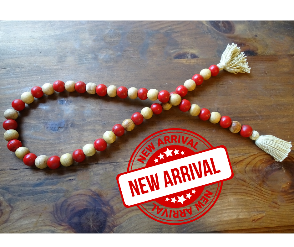 NATURAL BEIGE + RED (LARGE BEAD) 24" WOOD BEAD GARLAND w/ JUTE TASSELS (Set/1)