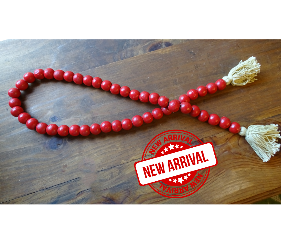 RED (LARGE BEAD) 24" WOOD BEAD GARLAND w/ JUTE TASSELS (Set/1)