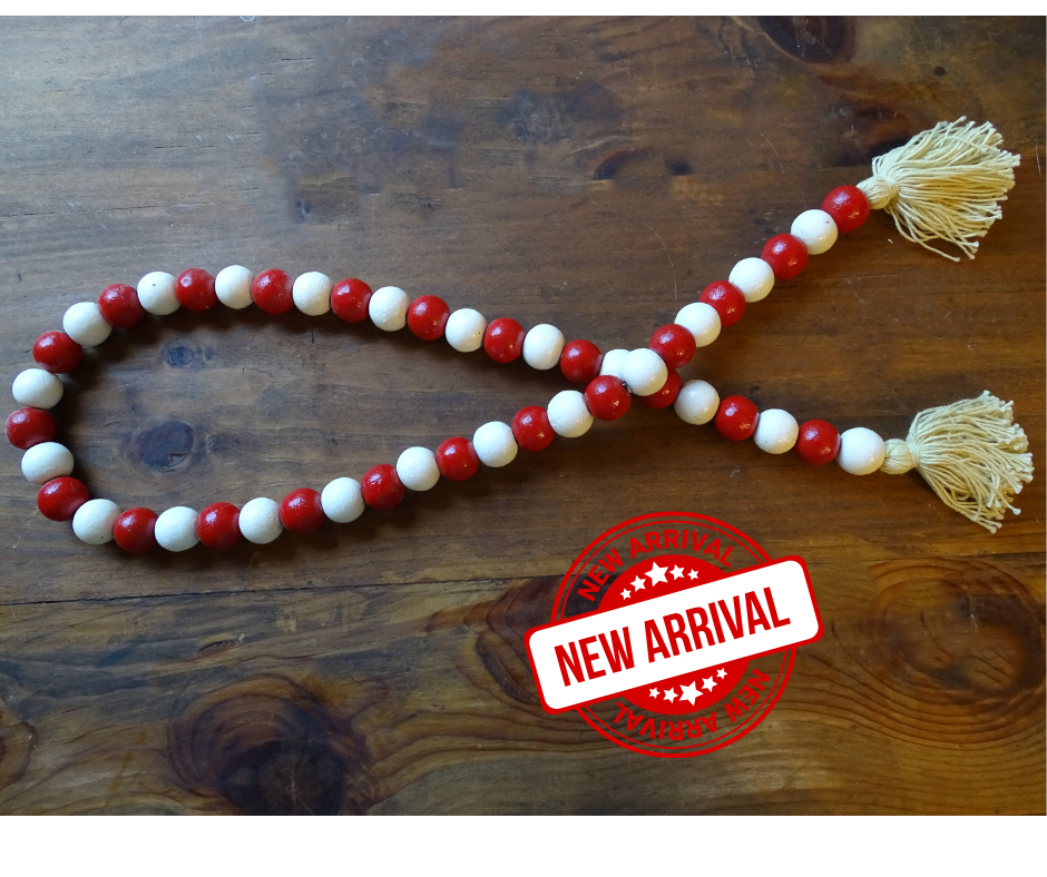 RED + WHITE (LARGE BEAD) 24" WOOD BEAD GARLAND w/ JUTE TASSELS (Set/1)