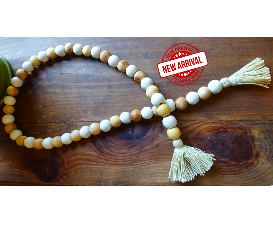 NATURAL BEIGE + WHITE (LARGE BEAD) 24" WOOD BEAD GARLAND w/ JUTE TASSELS (Set/1)