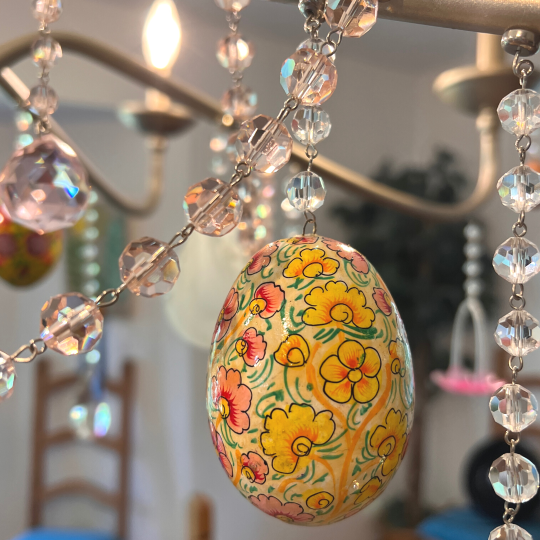 SPRING CHANDELIER MAKEOVER KIT - (3) Pink/Purple/Yellow Floral Egg + (3) 12" Pink Crystal Garland (Set/6)