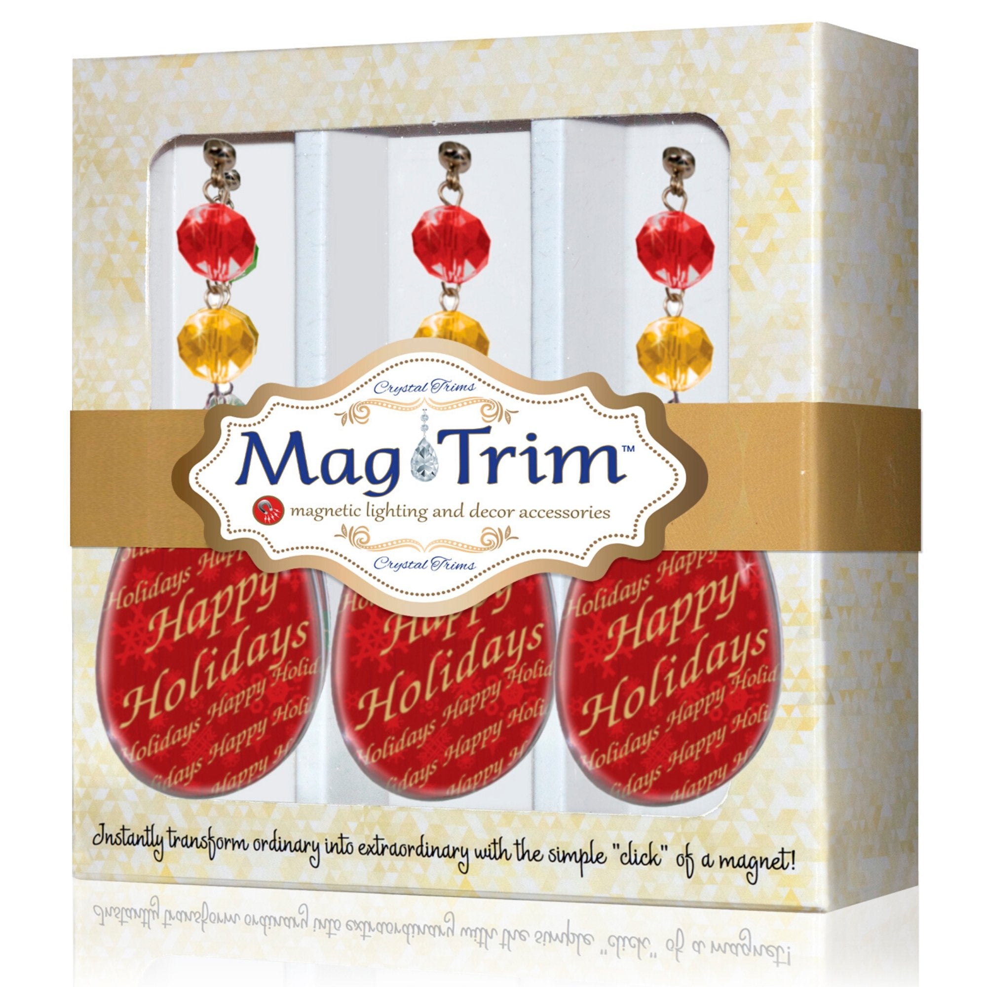 HAPPY HOLIDAYS PRINTED CRYSTAL (Set/3) MAGNETIC CHRISTMAS ORNAMENT - Magnetic Chandelier Accessory TrimKit® - MagTrim Designs LLC