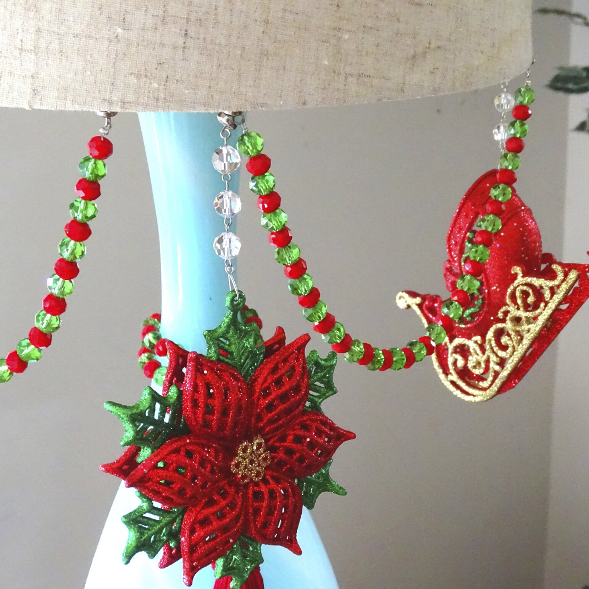 HOLIDAY CHANDELIER MAKEOVER KIT - (3) Glitter Poinsettia + (3) 12" Red/Green Bead Crystal Garland - MagTrim Designs LLC