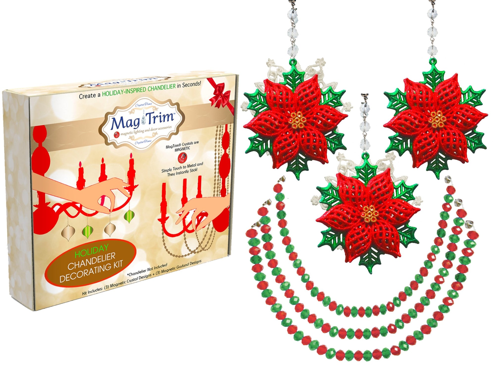 HOLIDAY CHANDELIER MAKEOVER KIT - (3) Glitter Poinsettia + (3) 12" Red/Green Bead Crystal Garland - MagTrim Designs LLC