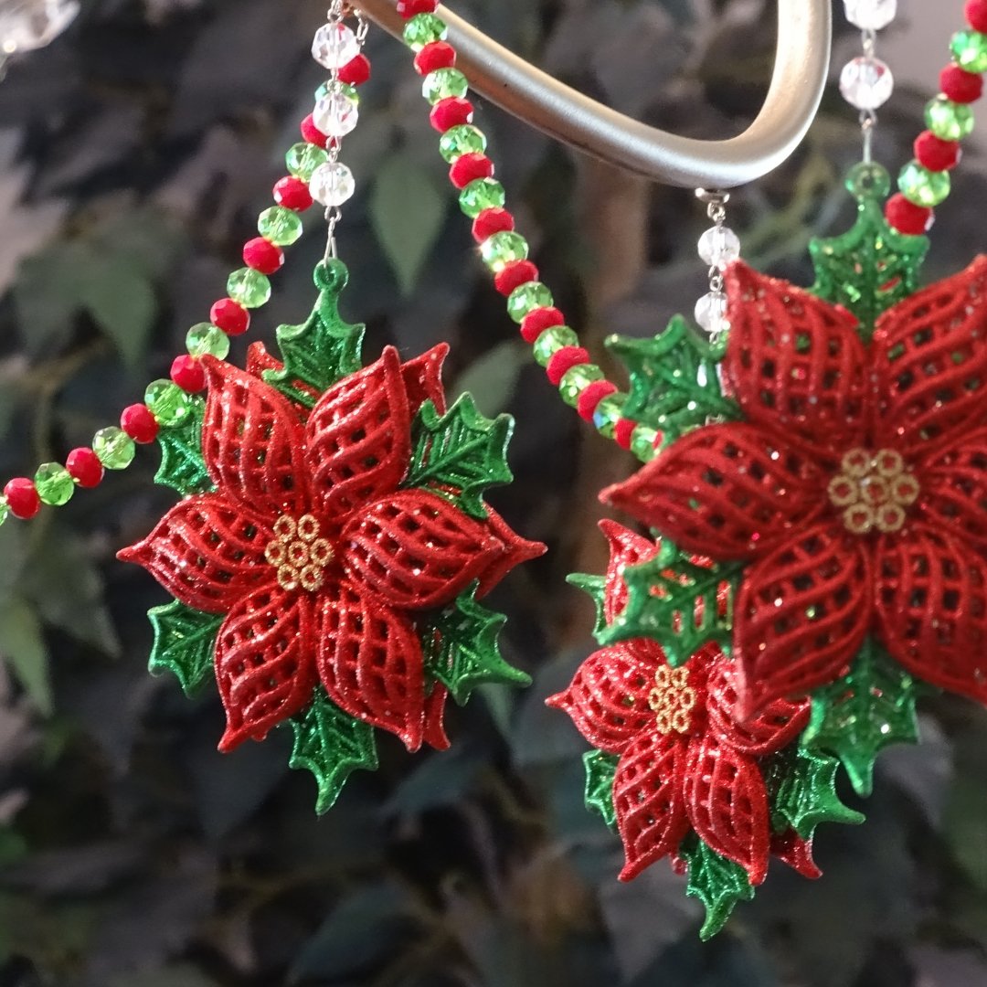 HOLIDAY CHANDELIER MAKEOVER KIT - (3) Glitter Poinsettia + (3) 12" Red/Green Bead Crystal Garland - MagTrim Designs LLC