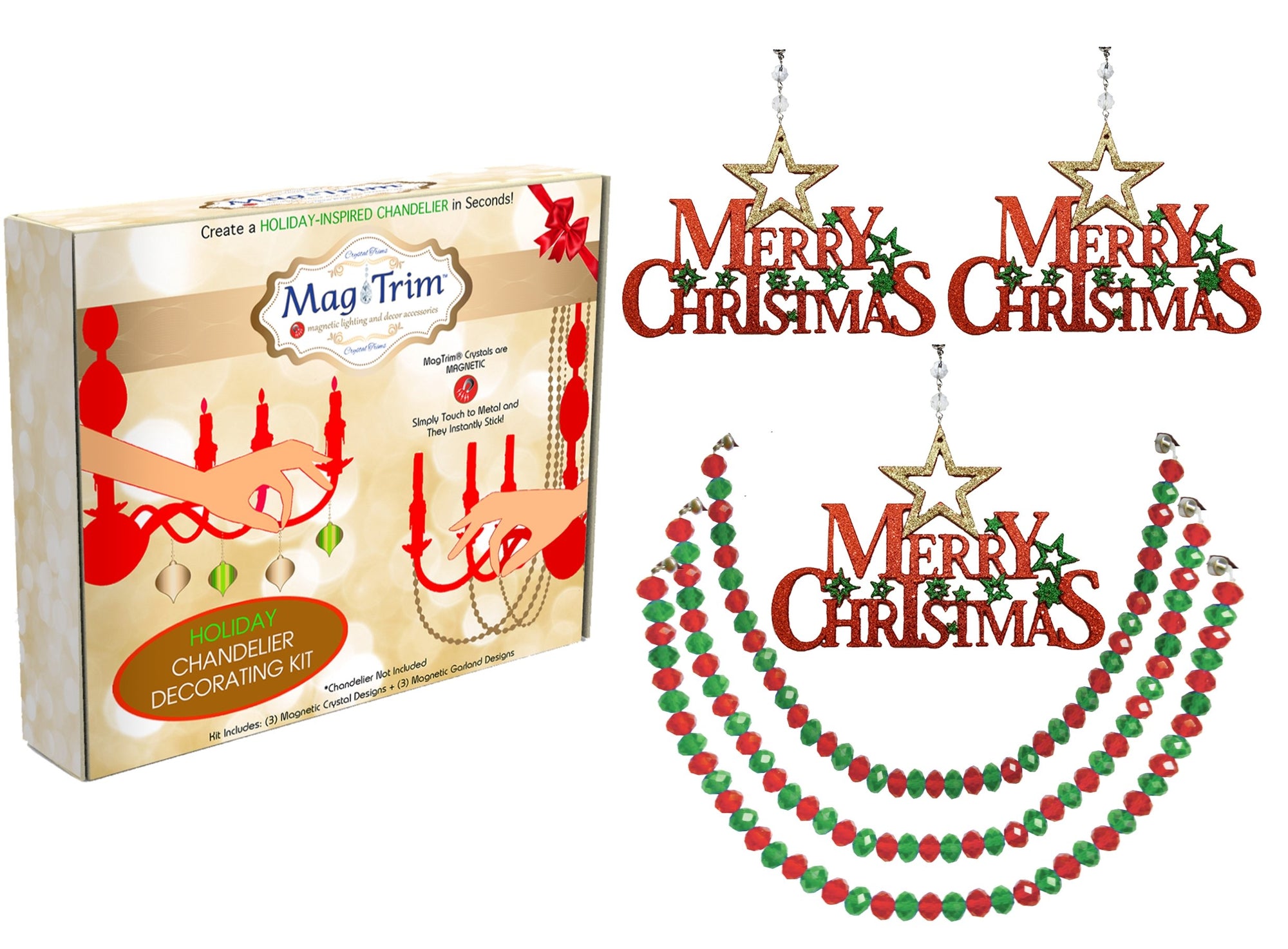 HOLIDAY CHANDELIER MAKEOVER KIT - (3) Red Green Merry Christmas + (3) 12" Red/Green Crystal Garland - MagTrim Designs LLC