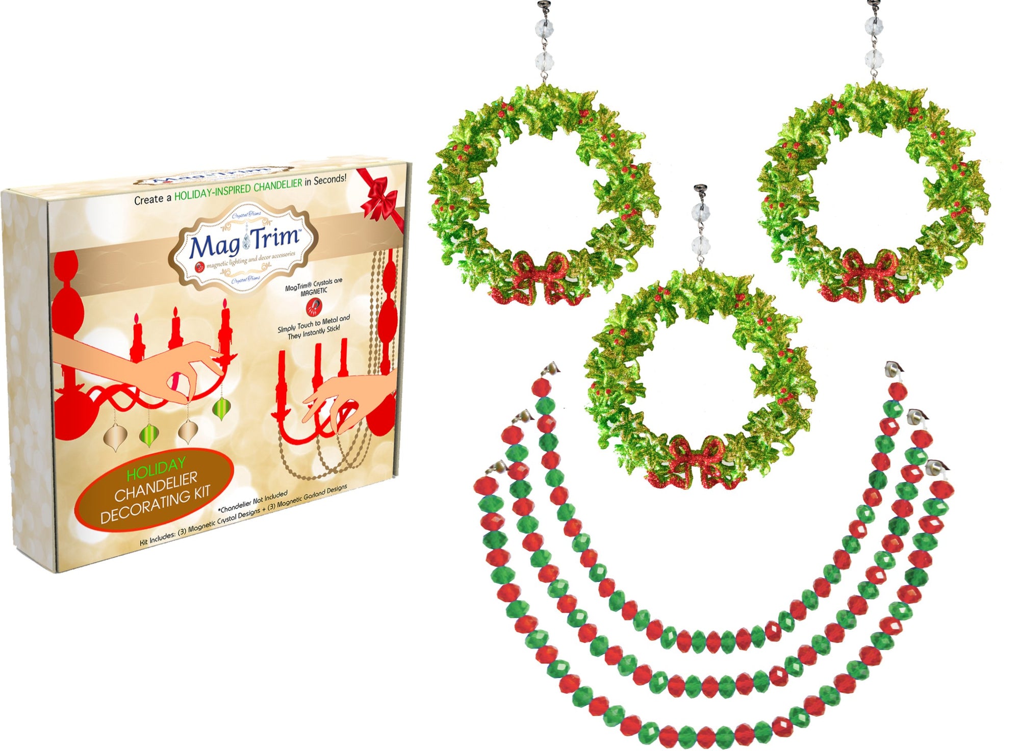 HOLIDAY CHANDELIER MAKEOVER KIT - Bow Wreath + 12" Red/Green Bead Crystal Garland (Set/6) Chandelier Crystals | Magnetic Crystals | Lamp Crystals MagTrim Set/6