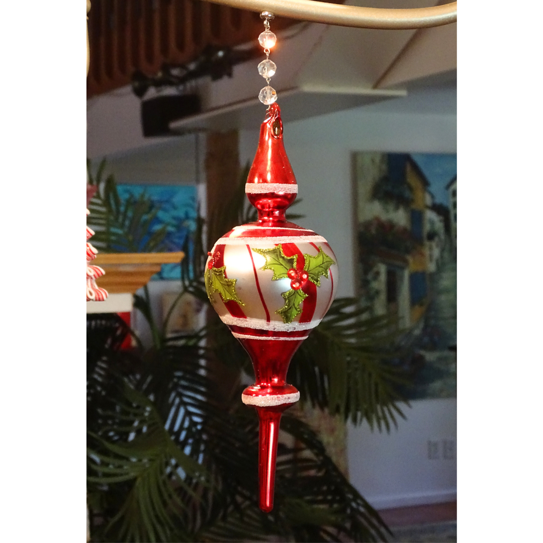 9&quot; RED/WHITE HOLLY FINIAL (Set/1) MAGNETIC CHANDELIER ORNAMENT