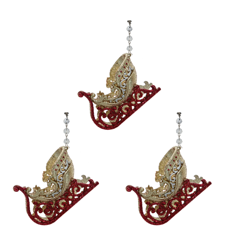 GLITTER GOLD/RED SLEIGH (Set/3) MAGNETIC CHANDELIER ORNAMENT