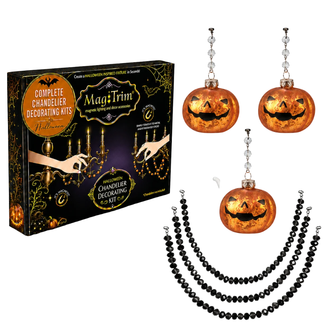 HALLOWEEN CHANDELIER MAKEOVER KIT - (3) Glass Pumpkin w/Face + (3) 12" Black Crystal Bead Garland