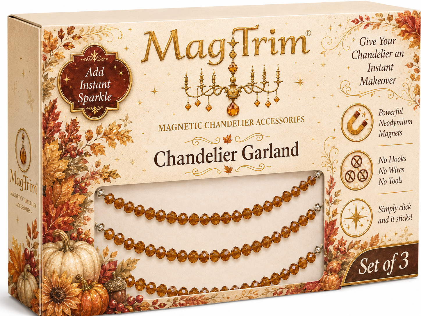 12" Crystal Garland - Amber (Set of 3) Magnetic Chandelier Garland