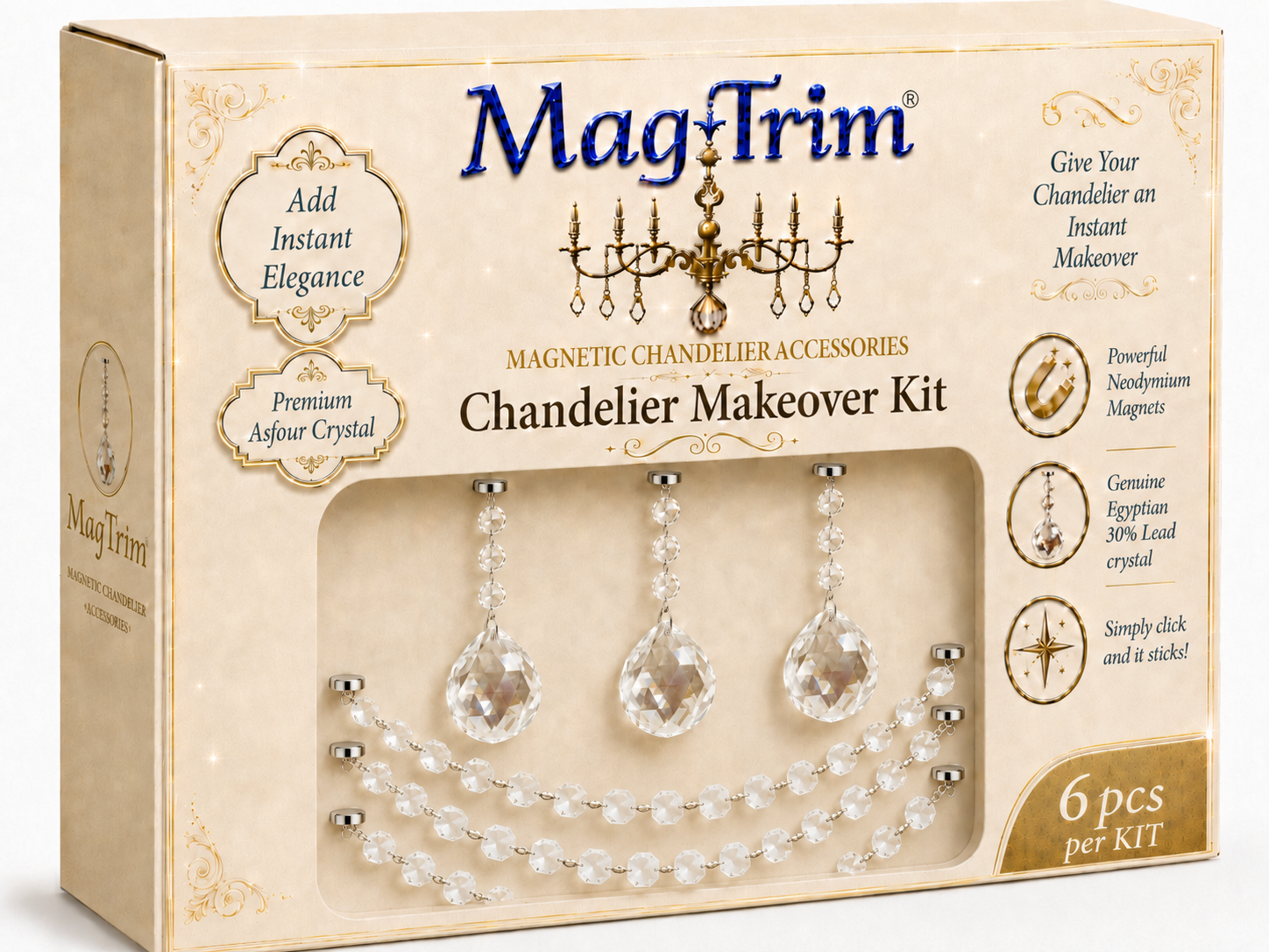 COMPLETE CHANDELIER MAKEOVER KIT - 5" x 40mm Crystal Ball + 12" Octagon Garland - Magnetic Chandelier Crystals (6 Piece Kit)