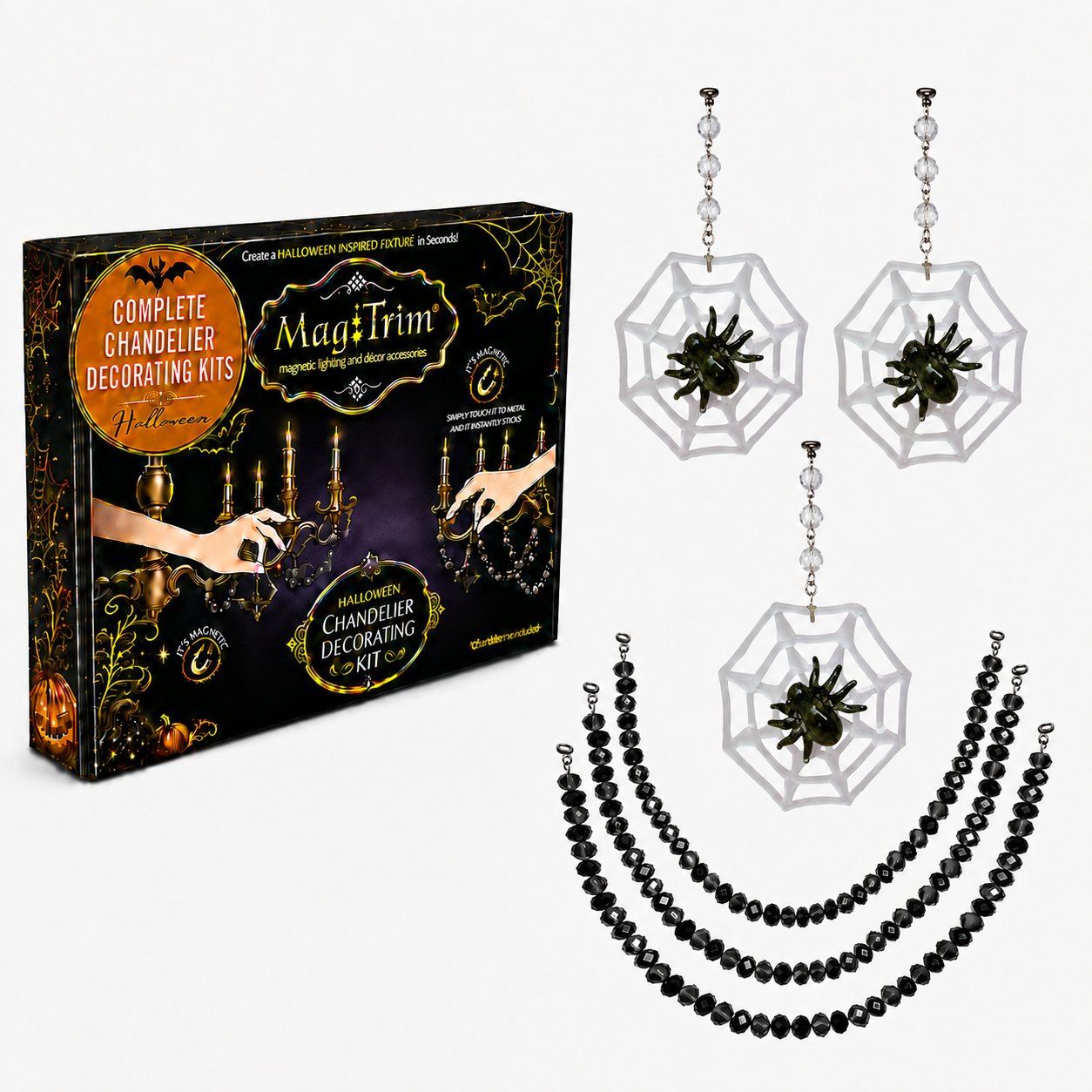 HALLOWEEN CHANDELIER MAKEOVER KIT - (3) Spider Web + (3) 12" Black Garland